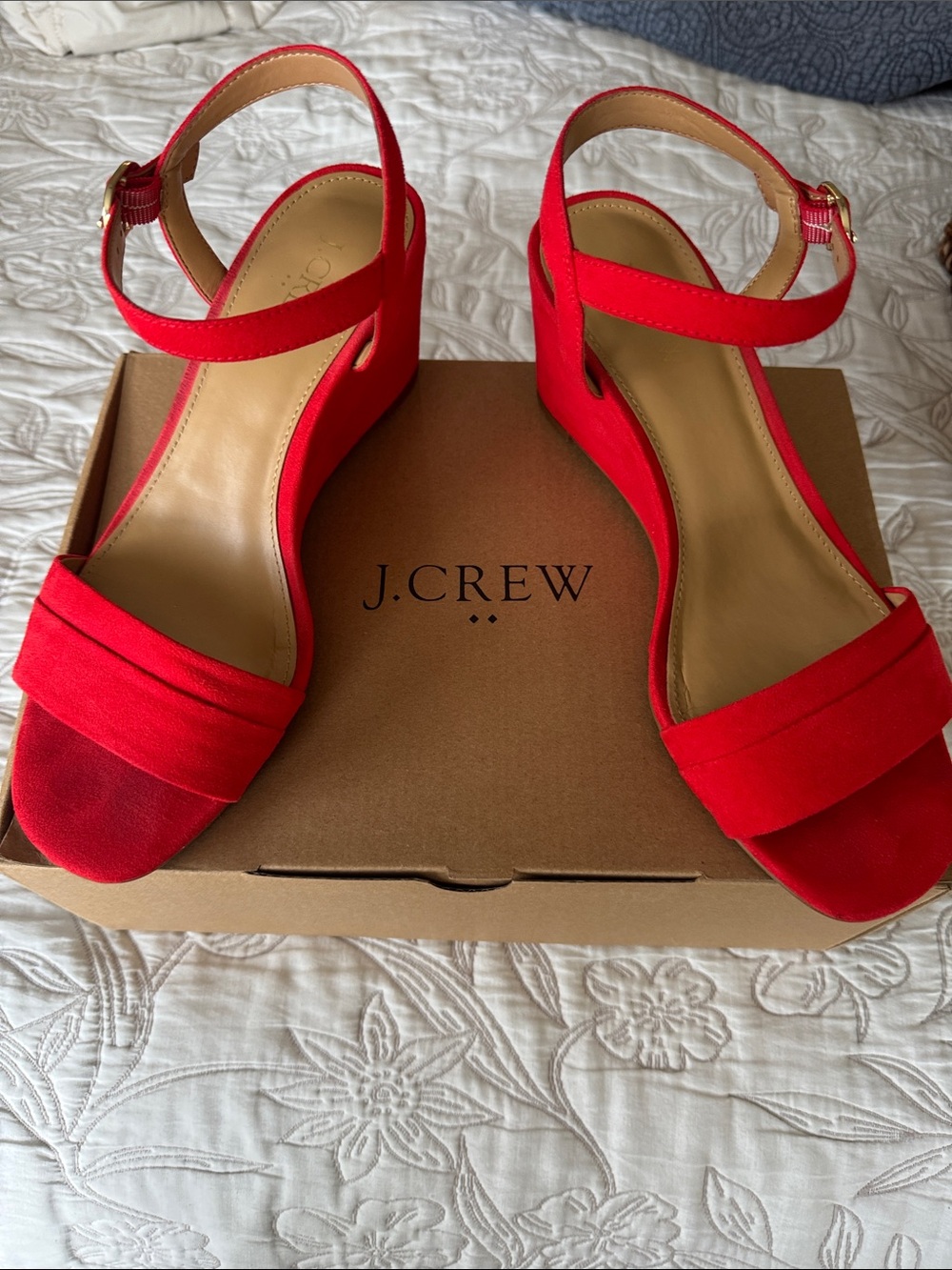 J. Crew Bright Red Suede Wedge Sandals with Ankle Strap size 8
